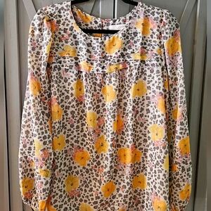 LOFT Women's Blouse with Yellow, Pink, Grey Floral Design Large